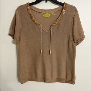 Prima Bella Women's Tan Knit Sweater  Top with Beaded Neckline Size XLarge